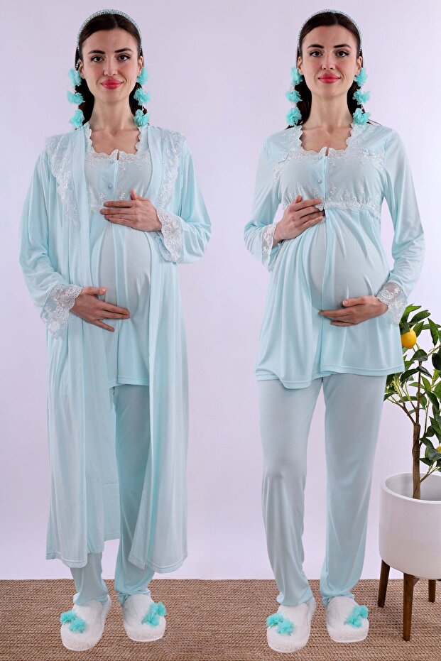 Adjustable Waist Elastic Long Robe Maternity Pajama Set Effortt - Turquoise