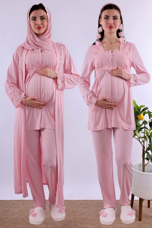Effortt Maternity Pajama Set with Hijab and Nursing Features and Long Robe - Pink