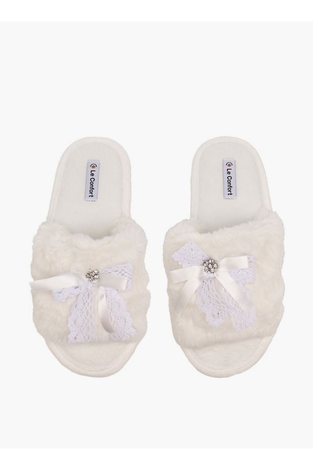 Faux Fur Textured Bedroom Slippers with Bow Accent