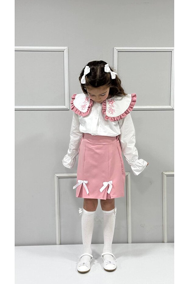 Girl's Top Poplin Fabric Baby Collar Bottom Double Fabric Bow Skirt Stylish Set for Eid