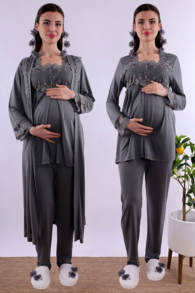 Adjustable Waist Elastic Long Robe Maternity Pajama Set Effortt - Smoked