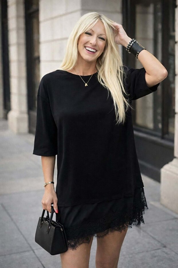 Lace Satin Oversized T-Shirt Dress with Hanging Detail - BLACK - L