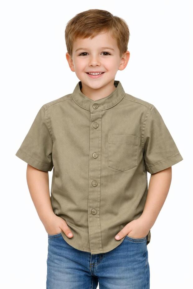 Boys Solid Cotton Shirt with Mandarin Collar – Short Sleeve Kids Casual Shirt (Ages 2–8 Years)