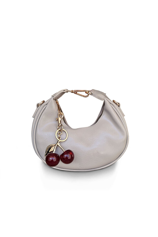 Baguette Beige Women's Hand and Shoulder Bag with Cherry Charm Accessories