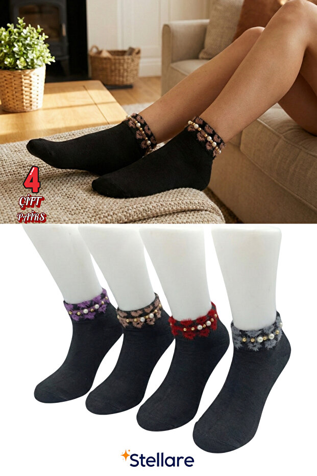 Black Stone Furry Women's Booties Socks 4 Pairs