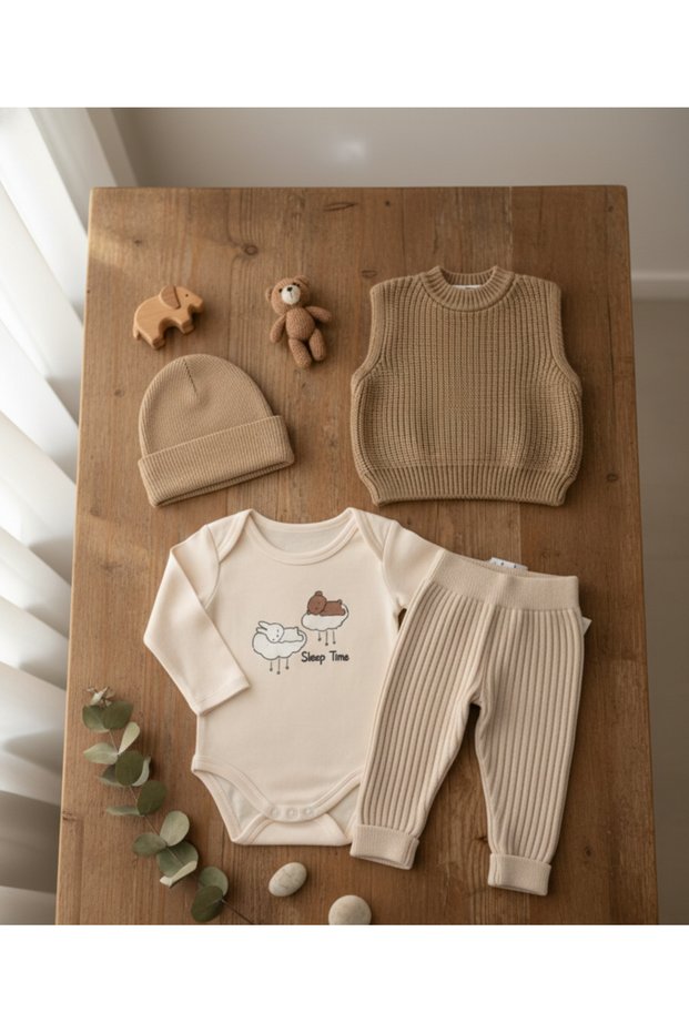 100% Cotton Snap Detailed Bodysuit and Beanie Sweater Leggings Knitwear 4-Piece Baby Set
