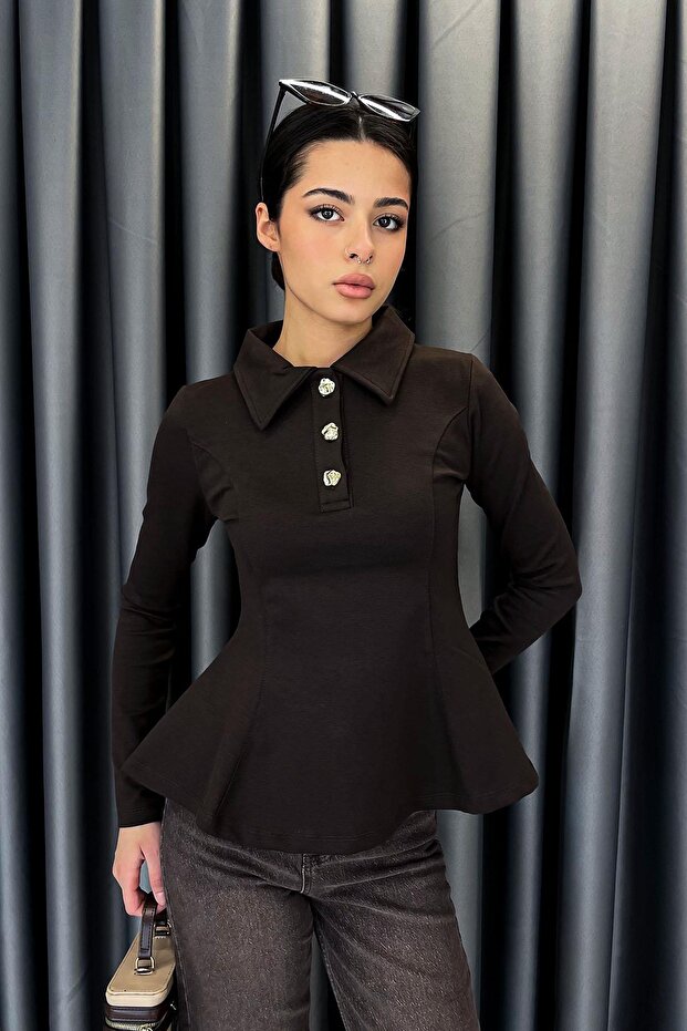 Noa Noa Collared Gold Button Flounce Blouse - Brown Brown