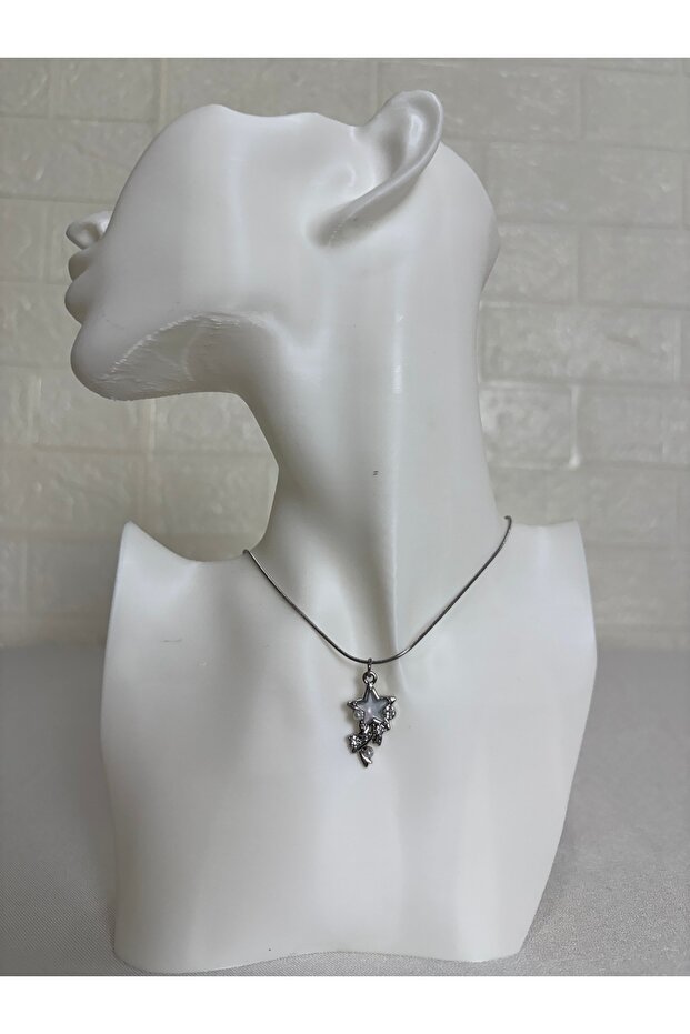 Women's Silver Color Star Figured Stone Thin Chain Necklace – Elegant and Stylish