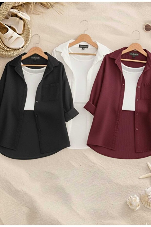 3-Pack Black, White, Burgundy Oversized Linen Textured 100% Cotton Single Pocket Casual Shirts