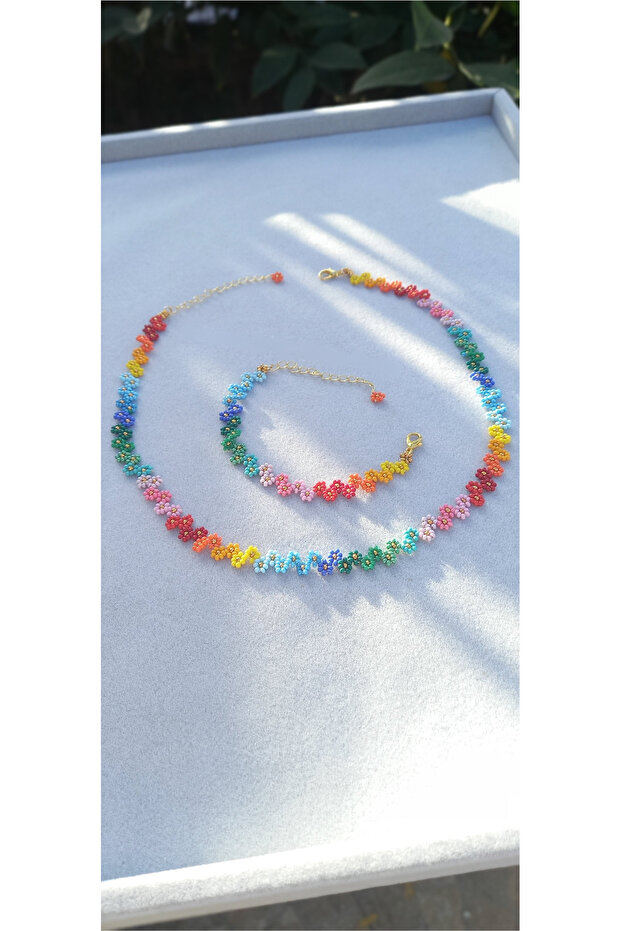 Flower Garden Themed Sand Bead Knitted Necklace Bracelet Set