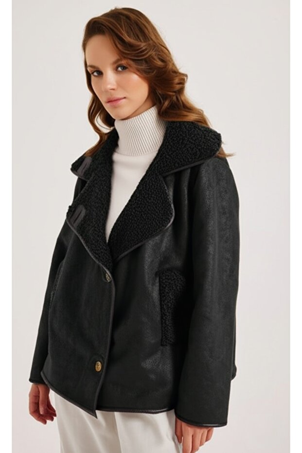 Black Buttoned Suede Jacket - 2