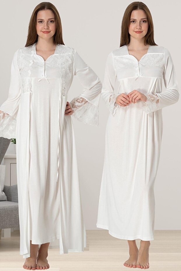 Maternity Long Sleeve Nightgown Set with Dressing Gown