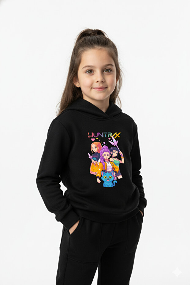 Huntrix Printed Premium Kids' Hooded Sweatshirt with Pockets and Drawstrings Premium Compact Sweatshirt Tracksuit Set