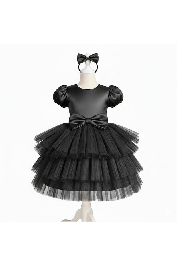 Girl's Black Layered Tutu Evening Dress with Bow and Crown