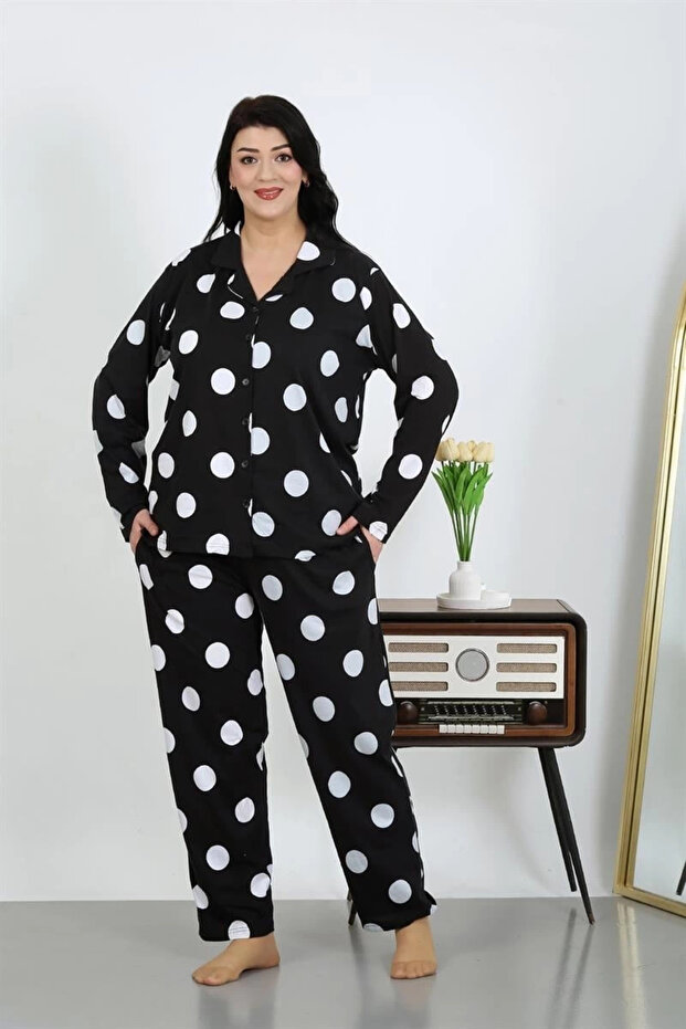 Women's Plus Size Cotton Pocketed Buttoned Black Pajama Set