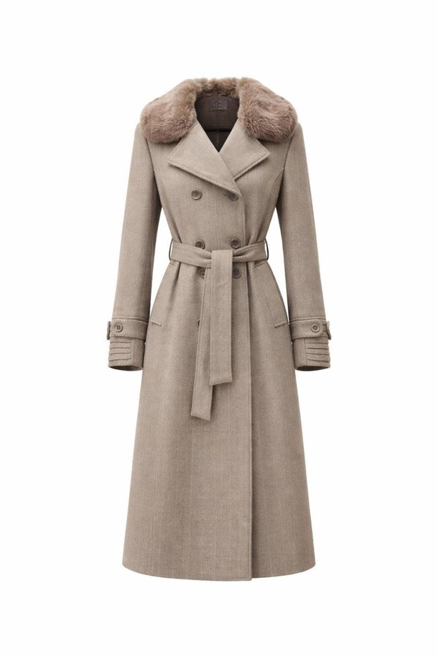 Double-Breasted Cashmere Mid-Length Coat with Fur Collar - Old Money Style