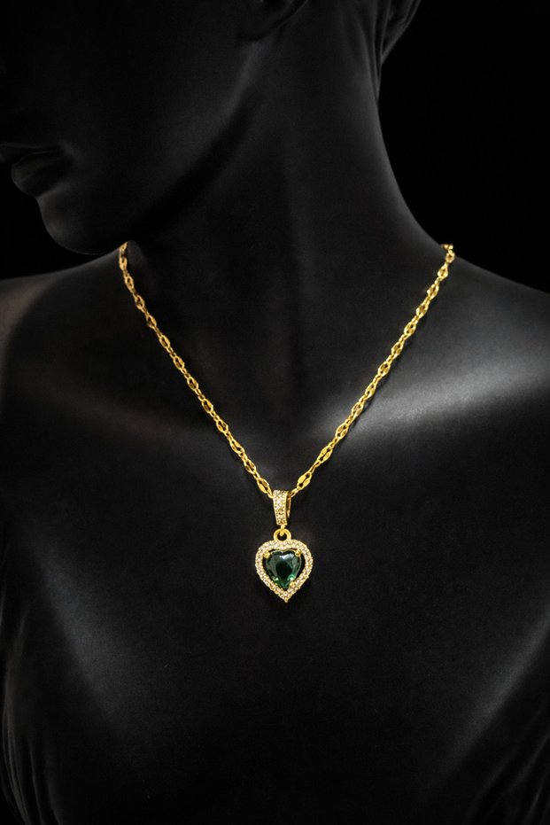 Steel Gold Color Green Stone Heart Necklace