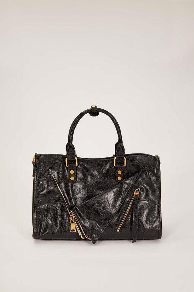 Handbag with Pocket Zipper Detail - Black