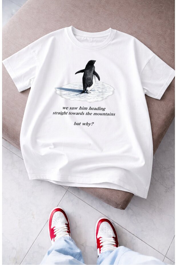 Unisex but Why Lone Penguin Printed T-Shirt, Oversized Nihilist Penguin Themed Crew Neck T-Shirt