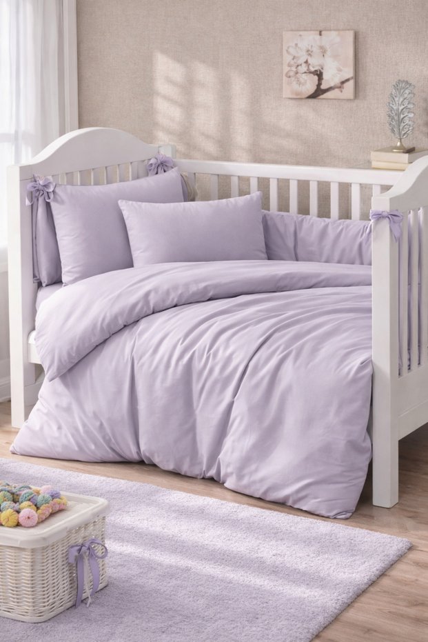 Ranforce 100% Cotton Light Gray Solid Color Baby Duvet Cover Set with Elastic Sheet and 2 Pillows