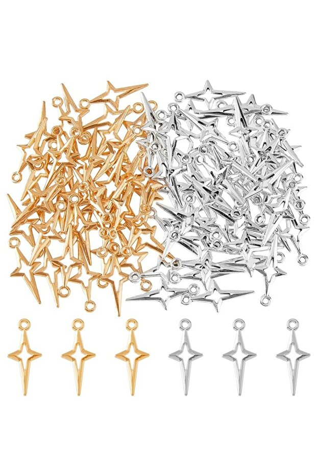 AECH07-04801 100Pcs 2 Colors Tibetan Silver Star Charms Antique Gold Hollow Point Star Charms Bulk N