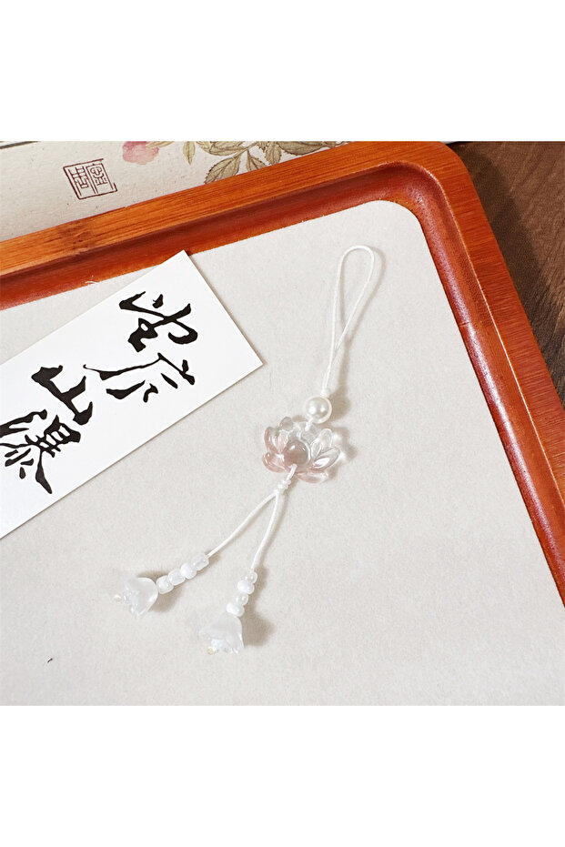 white 1pcs Chinese-style Handmade Beaded Lotus Pendant Key Chains Mobile Phone Chain for Women Men E