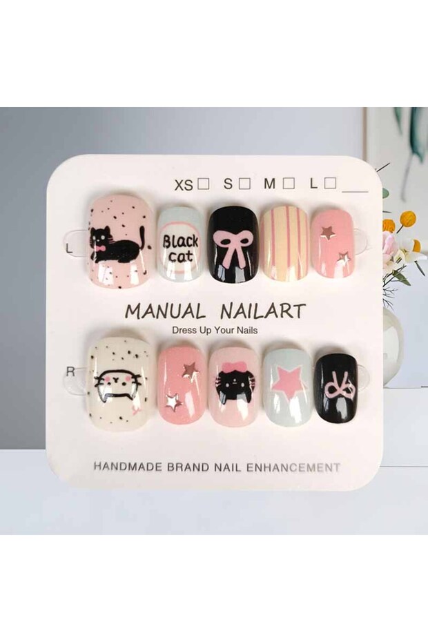 Style 1-M 10Pcs Korean Style Cute Cartoon Black Cat Pink Bowknot Sweet Cool Hand Drawn Nail Patch P