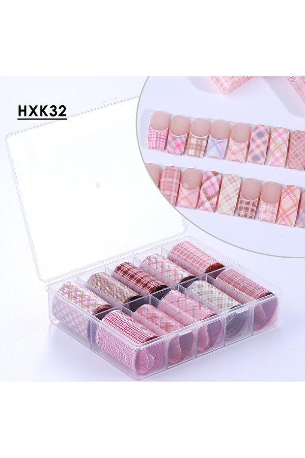 HXK32 Box 10 Rolls/Box Pink Plaid Design Nail Transfer Foils Gingham Stripe Lattice Starry Sky Paper