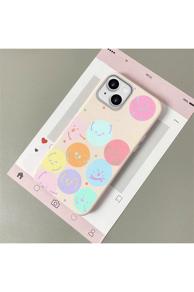 Compatible with iPhone 14 Plus/15 Plus, Funny Smiley Face Pattern Leather Texture Silicone Phone Case.