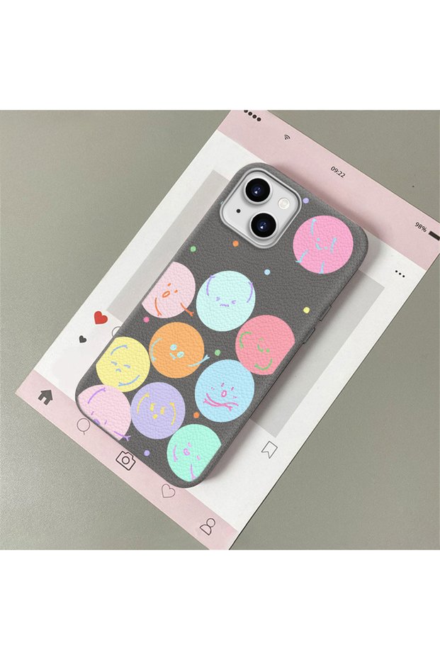 iPhone 15 Compatible, Funny Smiley Face Pattern Leather Texture Silicone Phone Case.