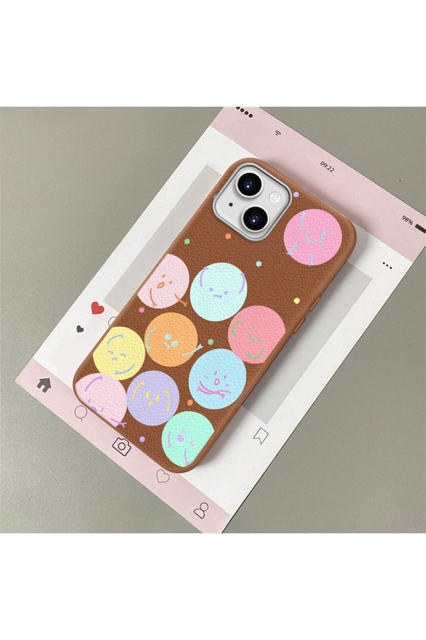 Compatible with iPhone 14 Plus/15 Plus, Funny Smiley Face Pattern Leather Texture Silicone Phone Case.