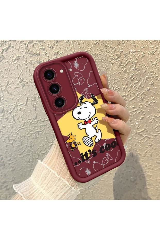 Samsung Galaxy S23 Compatible Impact Protection Lens Protection Claret Red Silicone Case Cute Snoopy Pattern