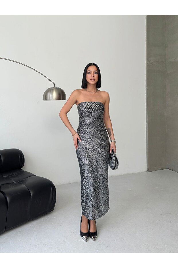 Women's Silver Sequined Strapless Long Evening Dress - Evening and Event Elegance