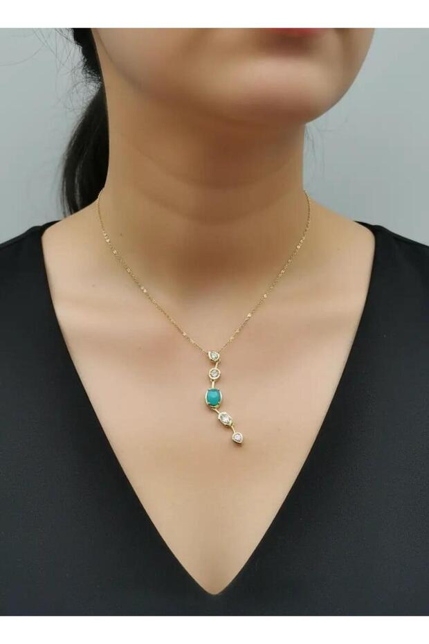 Steel gold green stone y necklace - 25-clkk136