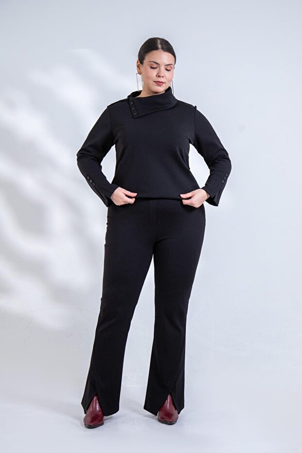 Plus Size Women's Trousers with Leg Detail in Black