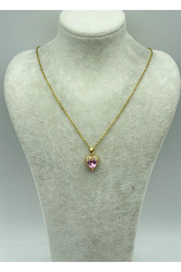 Steel Gold Pink Stone Necklace - 25-Ctr214