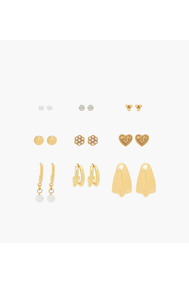 Pack of 9 Gold Tone Earrings with Pushback Closure