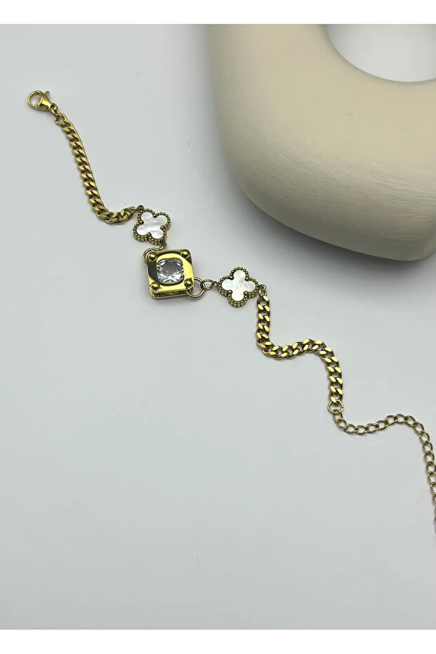 Steel gold clover single stone bracelet - 25-blk156