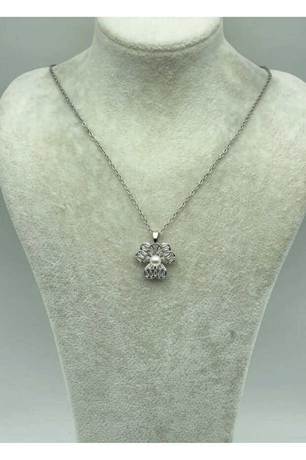 Steel Silver Pearl Flower Necklace - 25-Ctr262