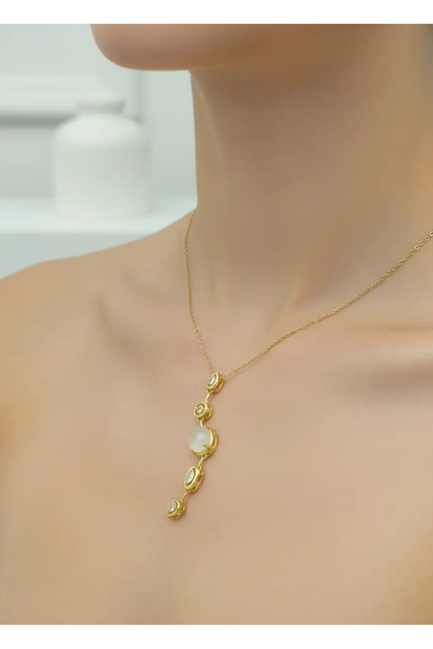 Steel Gold White Stone Y Necklace - 25-Clkk135