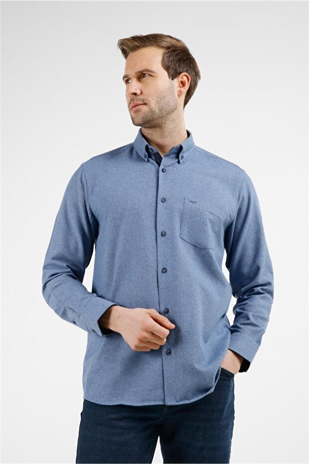 Blue Buttoned Collar Long Sleeve Pocketed Comfort Fit Cotton Shirt 1004255234