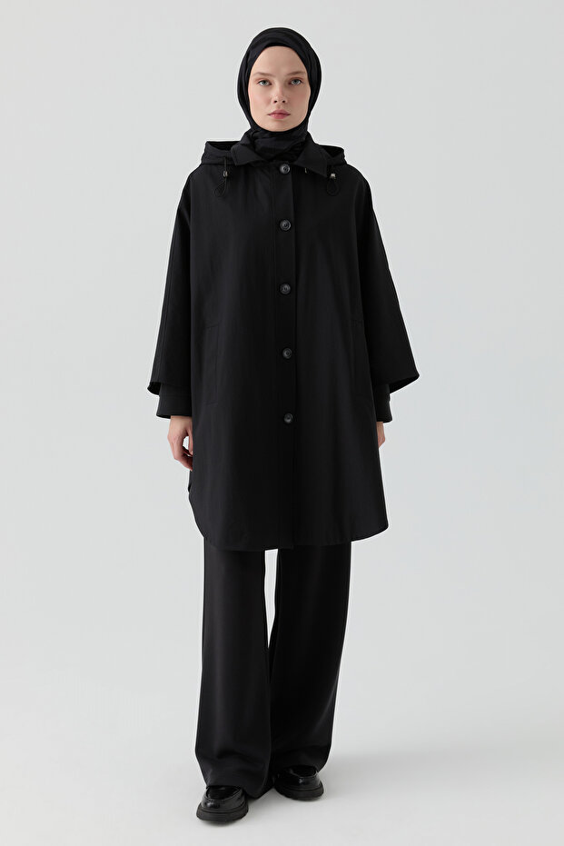 Kapüşonlu Panço - Siyah - 2
