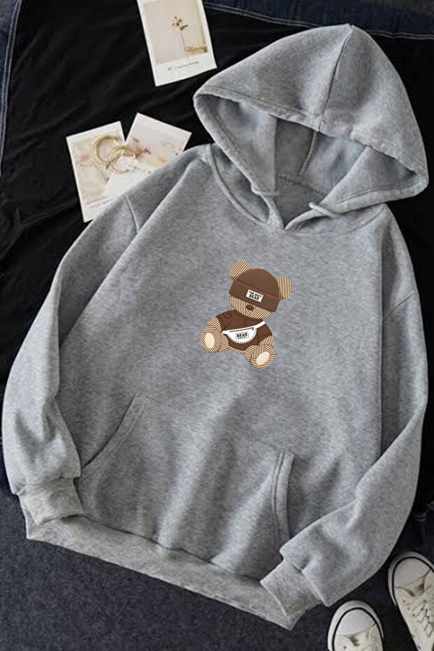 Men's Winter Bear Printed Cotton Hooded Sweatshirt with Kangaroo Pocket