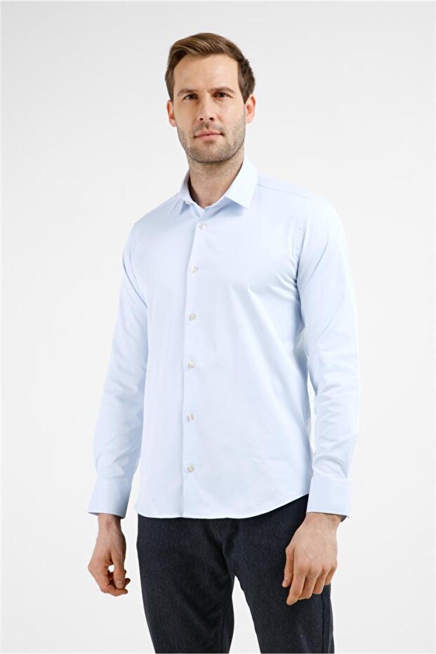 Blue Hard Collar Long Sleeve Pocketless Slim Fit Cotton Shirt 1004255228
