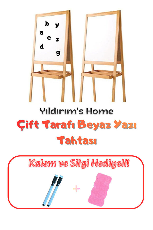 Yıldırım's Home İki Tarafı Beyaz Katlanabilir Ahşap Yazı Tahtası - Kalem ve Silgi Hediyeli