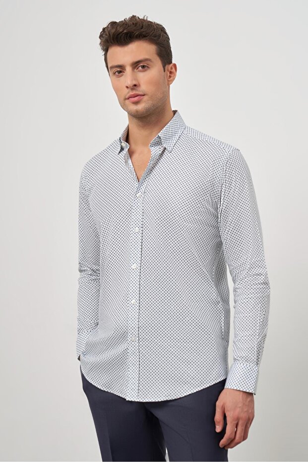 Men's White Long Sleeve Perfectto Bottom-Bordered Collar Cotton Slim Fit Shirt 1004240259