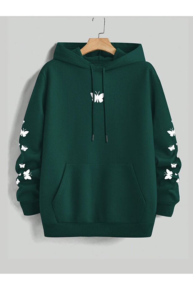 Women's Red Hooded Sweatshirt with Butterfly Print and Pockets, Casual and Comfortable