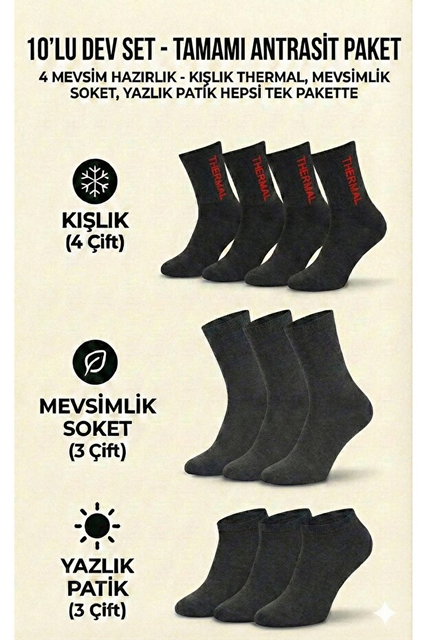 10-Piece Anthracite Gray 4-Season Set - Winter Thermal, Seasonal Socks and Summer Booties Socks Pack