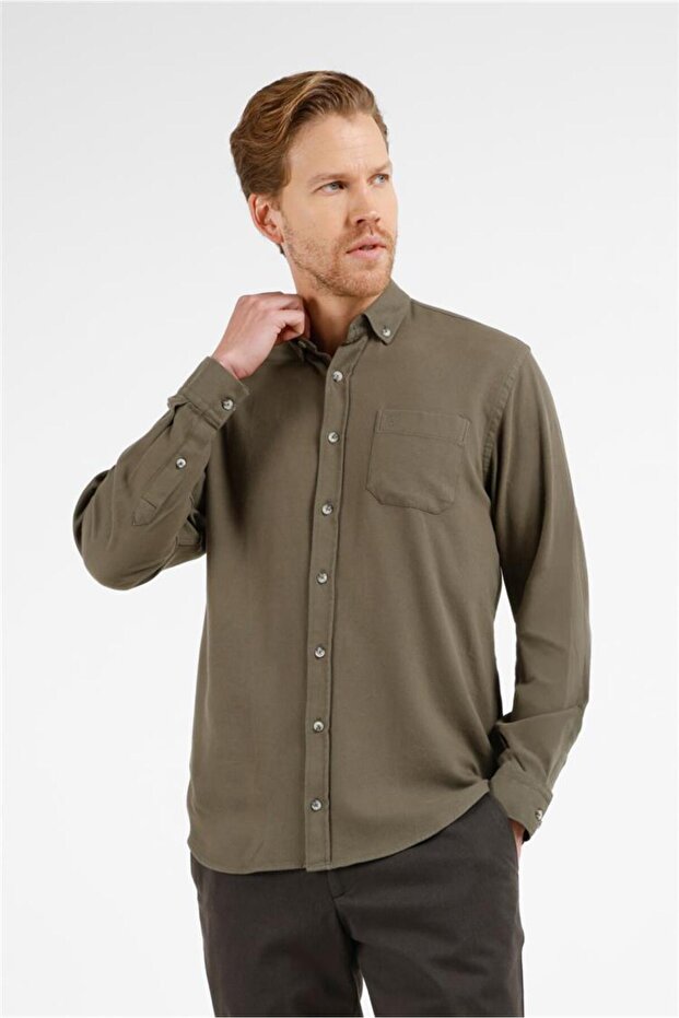 Khaki Buttoned Collar Pocket Long Sleeve Slim Fit 100% Cotton Shirt 1004255213