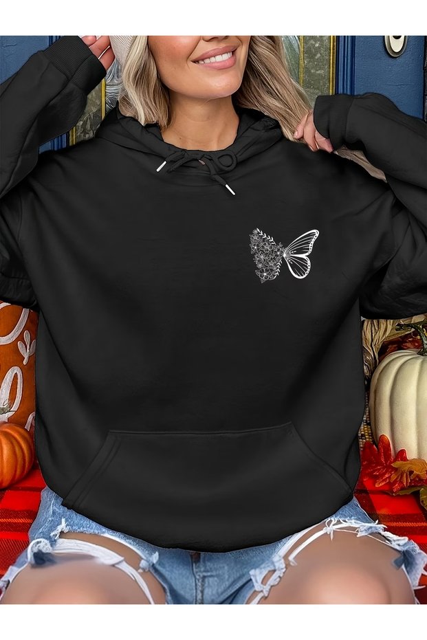Women's Black Hooded Sweatshirt with Butterfly and Flower Print, Casual and Stylish for Winter